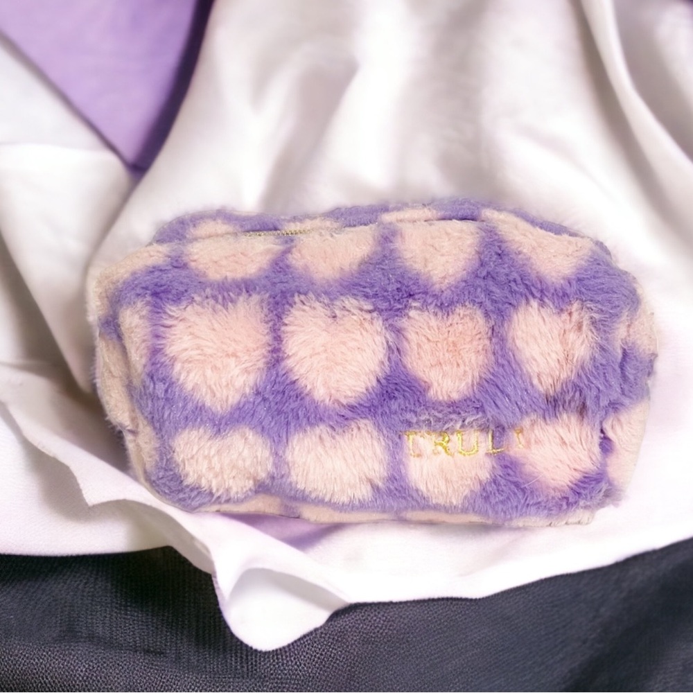 Truly Beauty Purple Pink Heart Plush Zip Closure Makeup Bag Travel Cosmetic Case